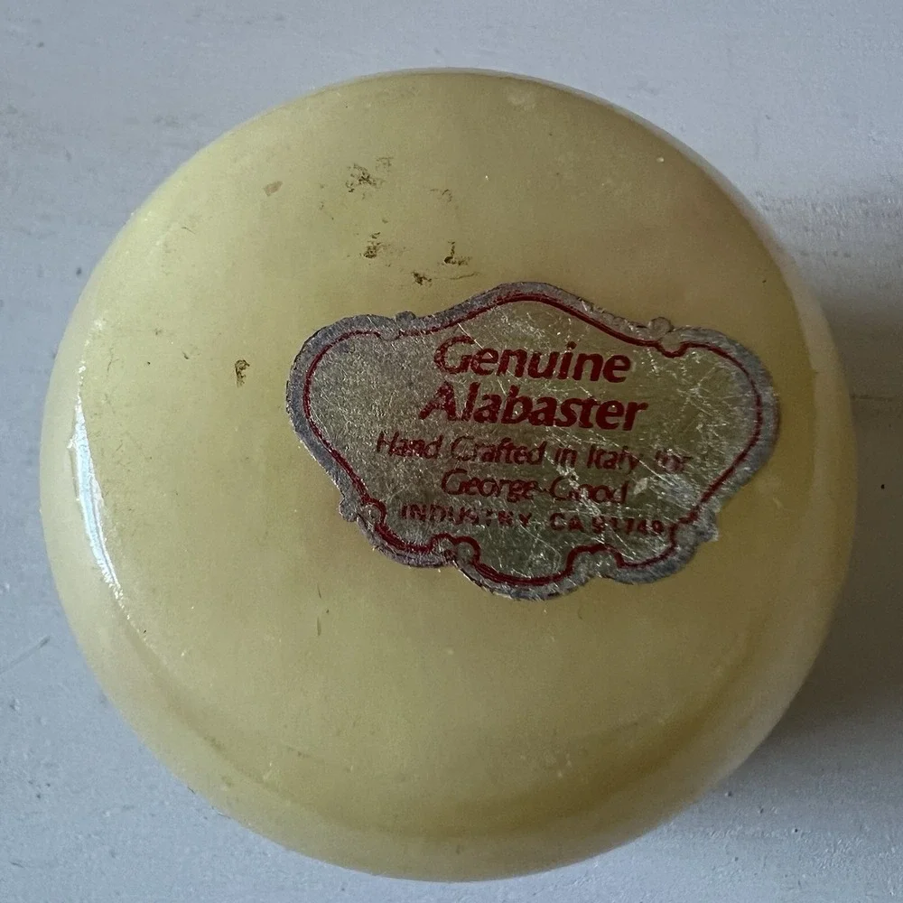 Vintage Yellow Alabaster Trinket‎ Box With Floral Pattern On Top 2 In W X 1.75 H